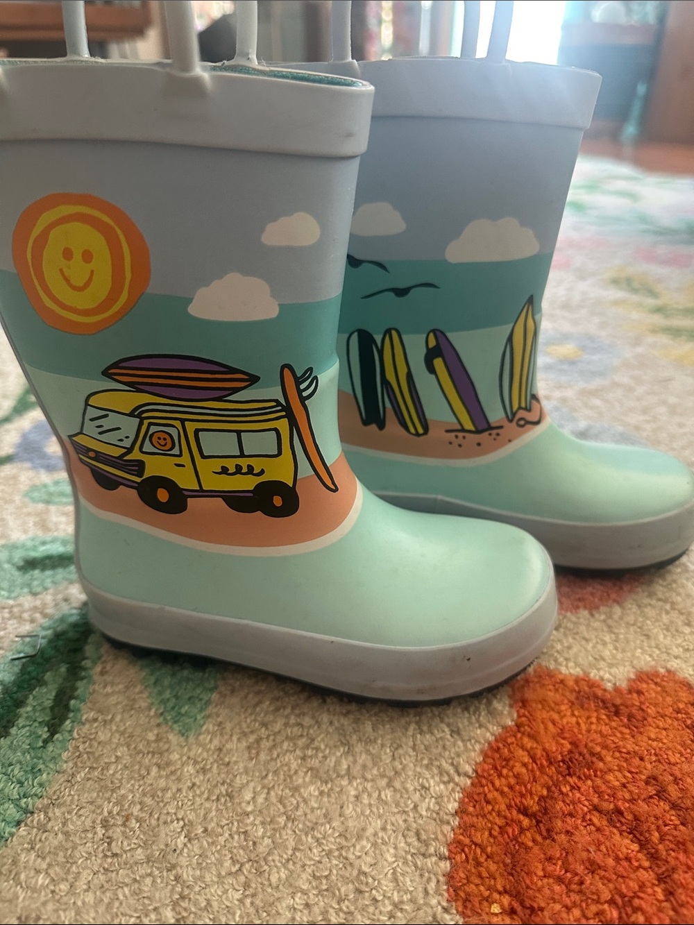 Cat & Jack Light Blue Kids Rain Boots with Surf Van and Surfboards